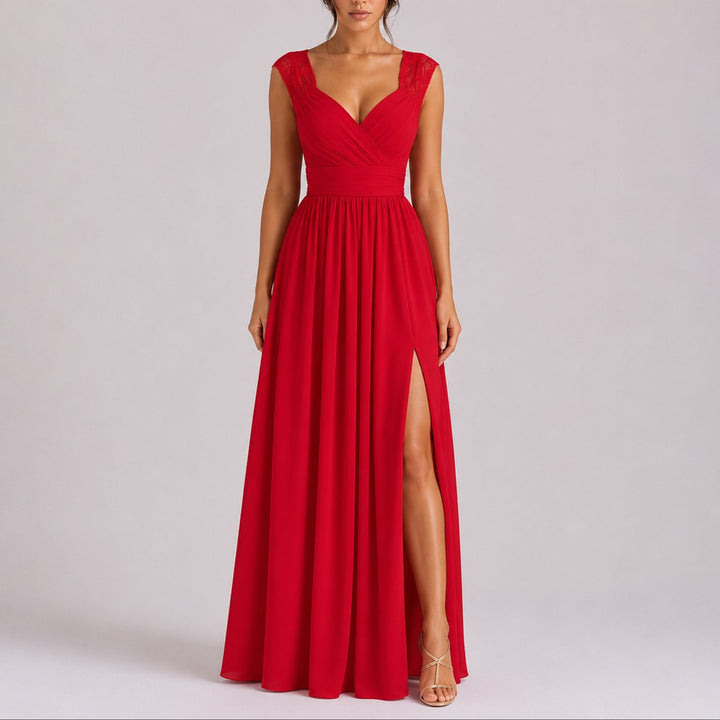 Women's Fall Wedding Guest Dresses Lace Shoulder Chiffon Maxi Gown - Red