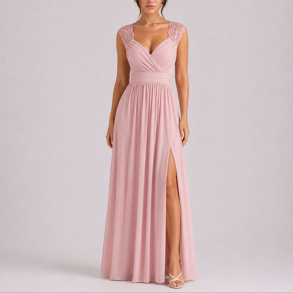 Women's Fall Wedding Guest Dresses Lace Shoulder Chiffon Maxi Gown - Pink