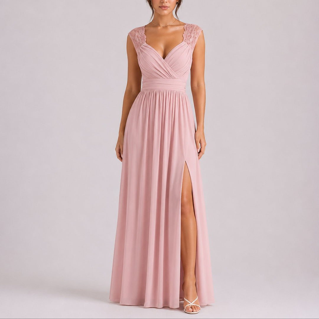 Women's Fall Wedding Guest Dresses Lace Shoulder Chiffon Maxi Gown - Pink
