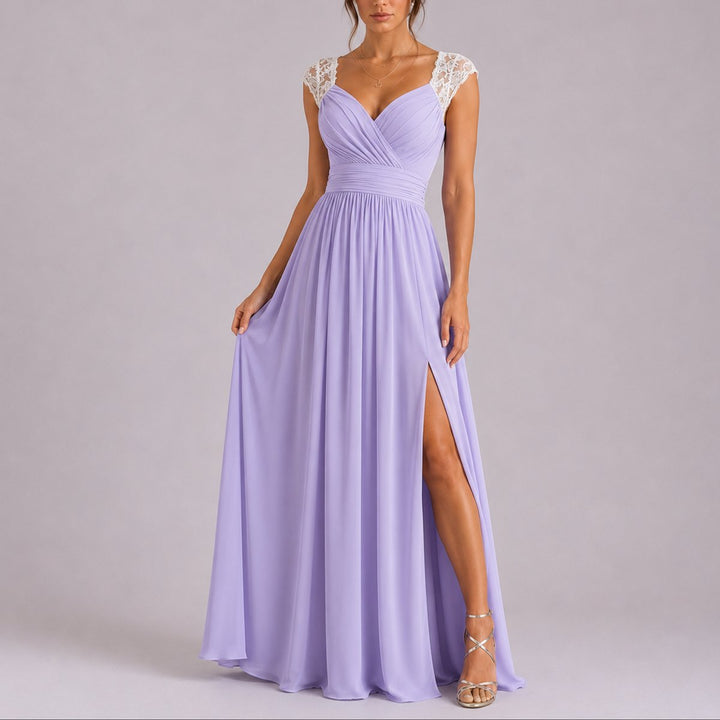 Women's Fall Wedding Guest Dresses Lace Shoulder Chiffon Maxi Gown - Purple