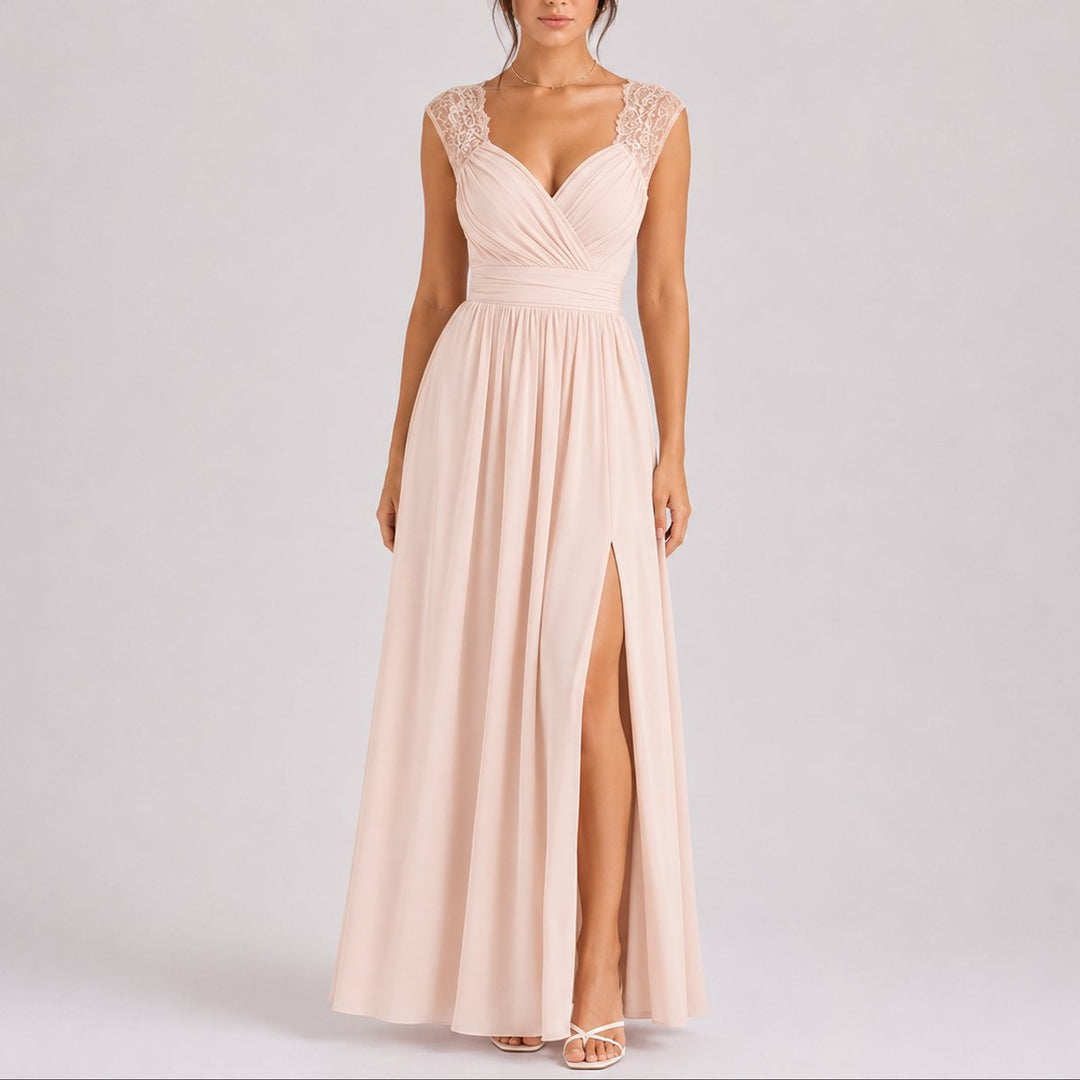 Women's Fall Wedding Guest Dresses Lace Shoulder Chiffon Maxi Gown - Beige