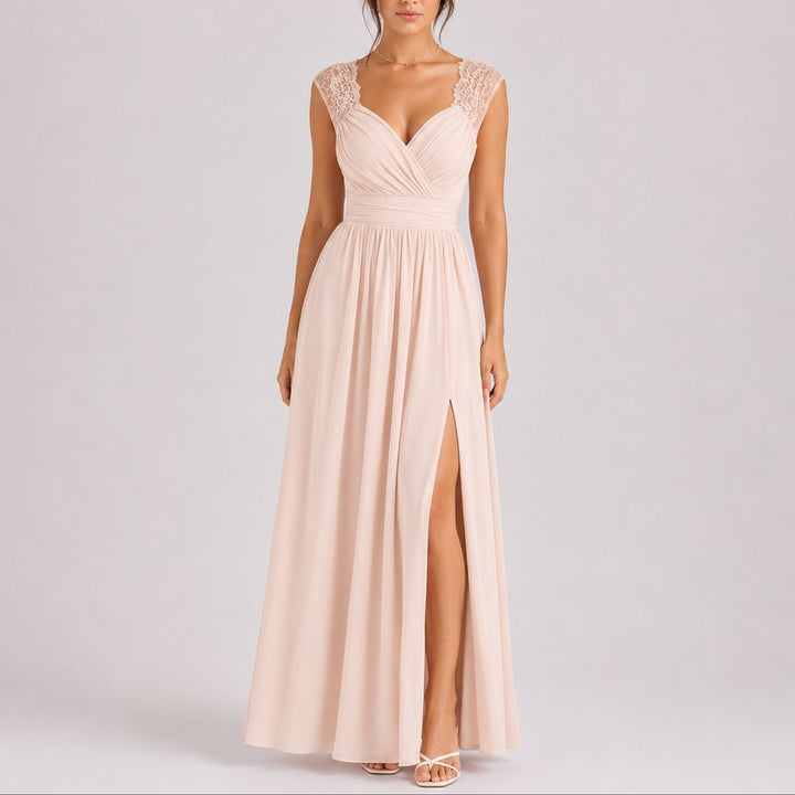 Women's Fall Wedding Guest Dresses Lace Shoulder Chiffon Maxi Gown - Beige