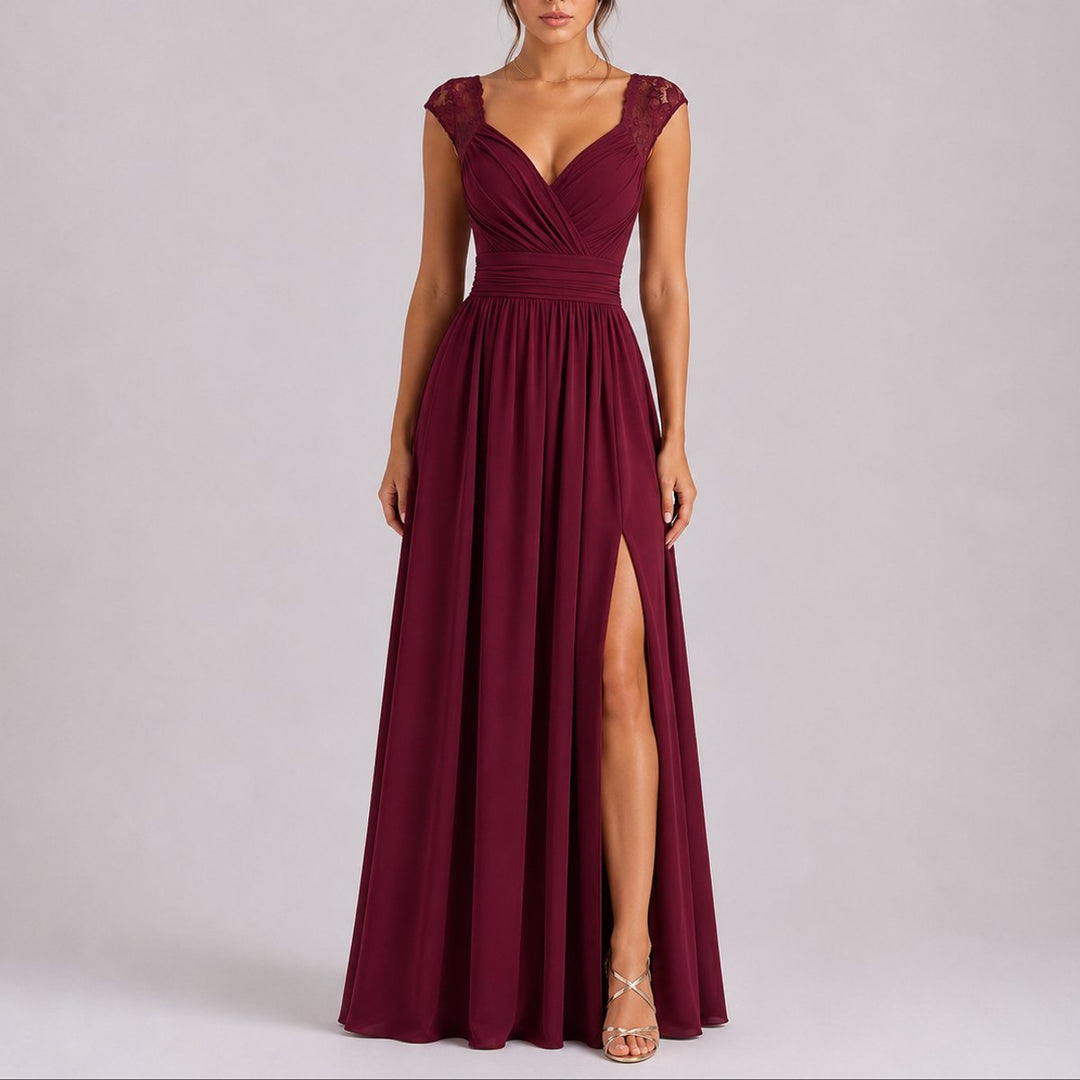 Women's Fall Wedding Guest Dresses Lace Shoulder Chiffon Maxi Gown - Red Carpet