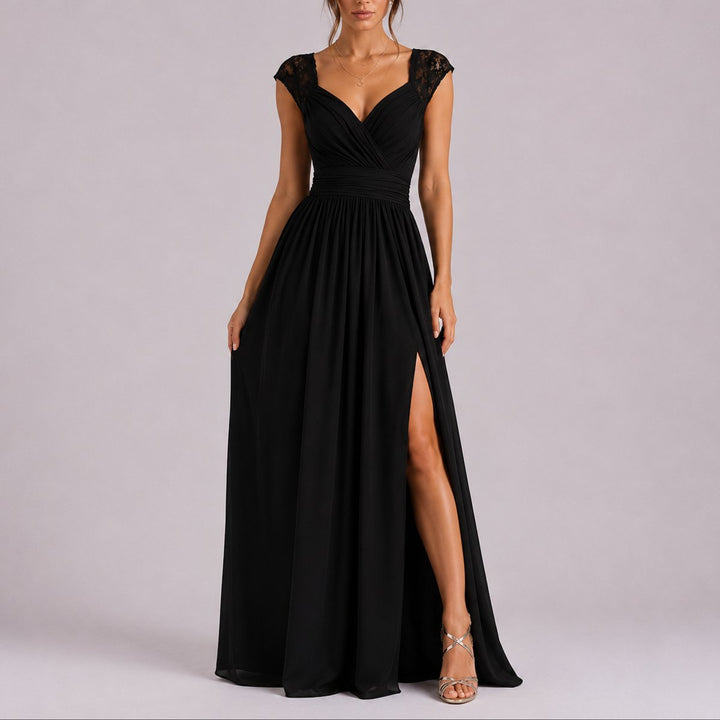Women's Fall Wedding Guest Dresses Lace Shoulder Chiffon Maxi Gown - Black
