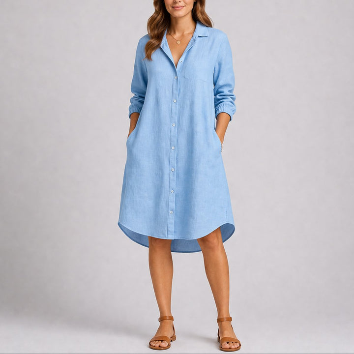 Women's Fall Wedding Guest Dresses Long-Sleeve Button-Front Midi Shirt Dress - Light Blue