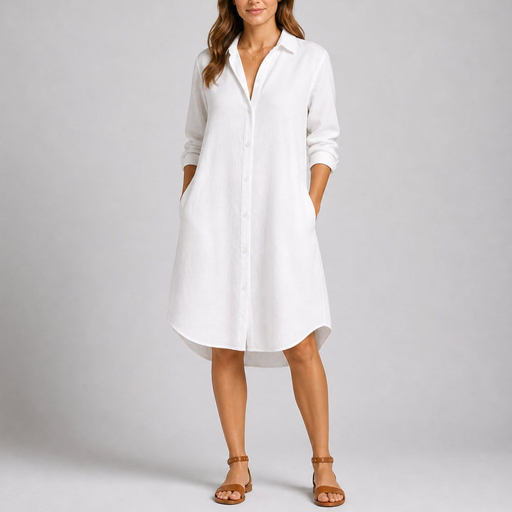 Women's Fall Wedding Guest Dresses Long-Sleeve Button-Front Midi Shirt Dress - White