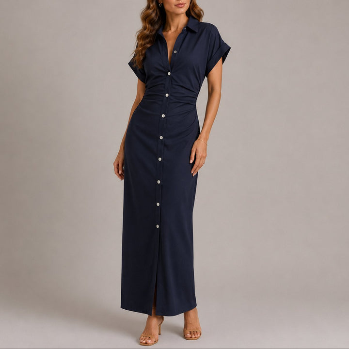 Women's Fall Wedding Guest Maxi Shirt Dress Ruched Waist - Navy