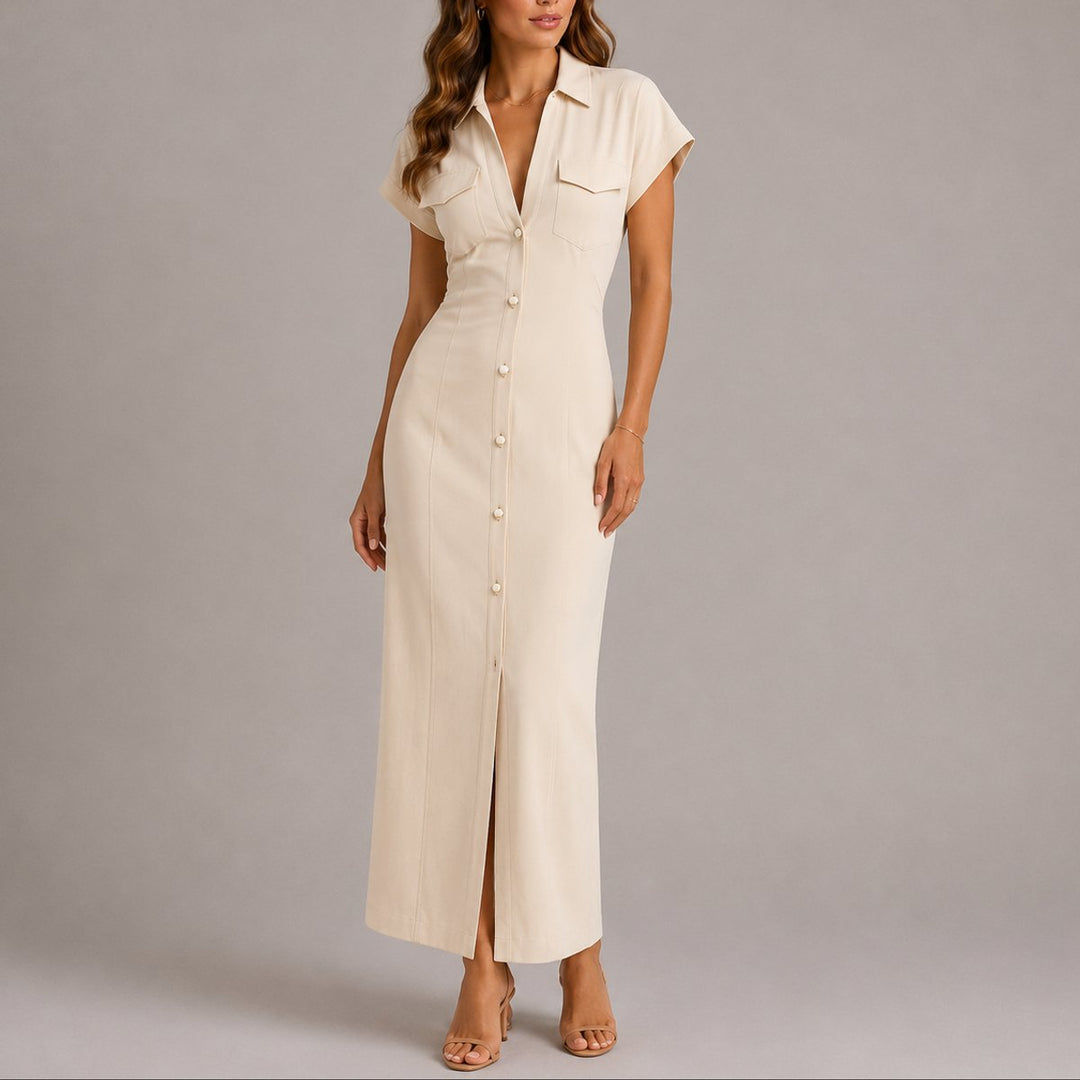 Women's Fall Wedding Guest Maxi Shirt Dress Ruched Waist - Beige
