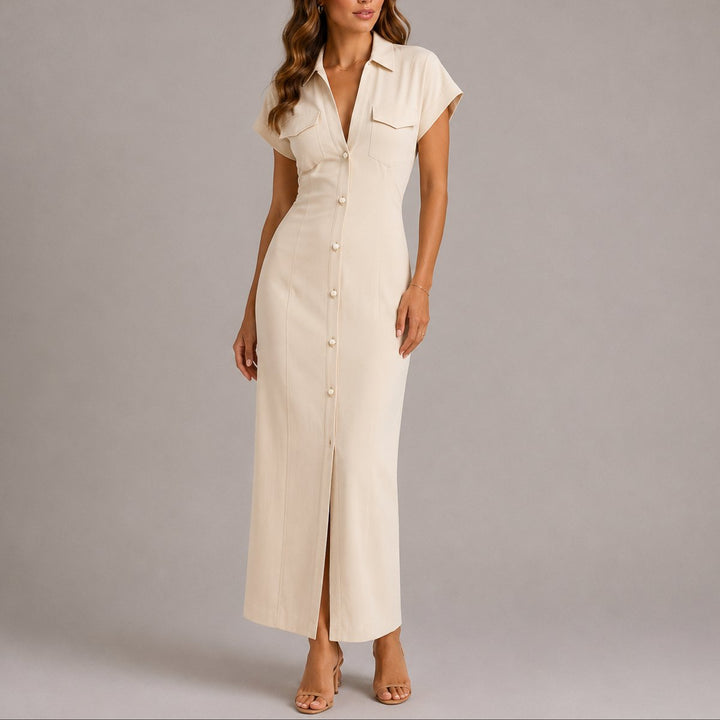 Women's Fall Wedding Guest Maxi Shirt Dress Ruched Waist - Beige