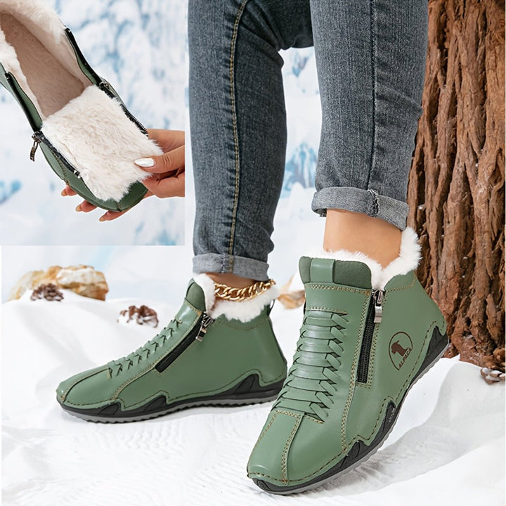 Women's Faux-Fur Lined Lace-Up Winter Ankle Boots Wide Toe Box - Green