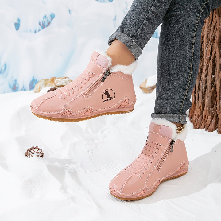Women's Faux-Fur Lined Lace-Up Winter Ankle Boots Wide Toe Box - Pink