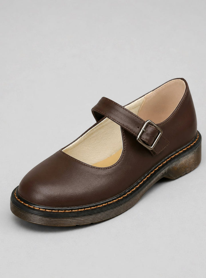 Women's Faux Leather Buckle-Strap Mary Jane Flat Boots - Brown