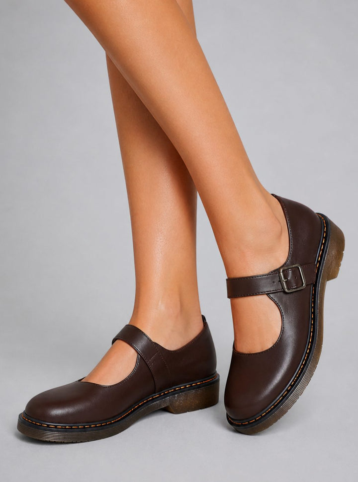 Women's Faux Leather Buckle-Strap Mary Jane Flat Boots