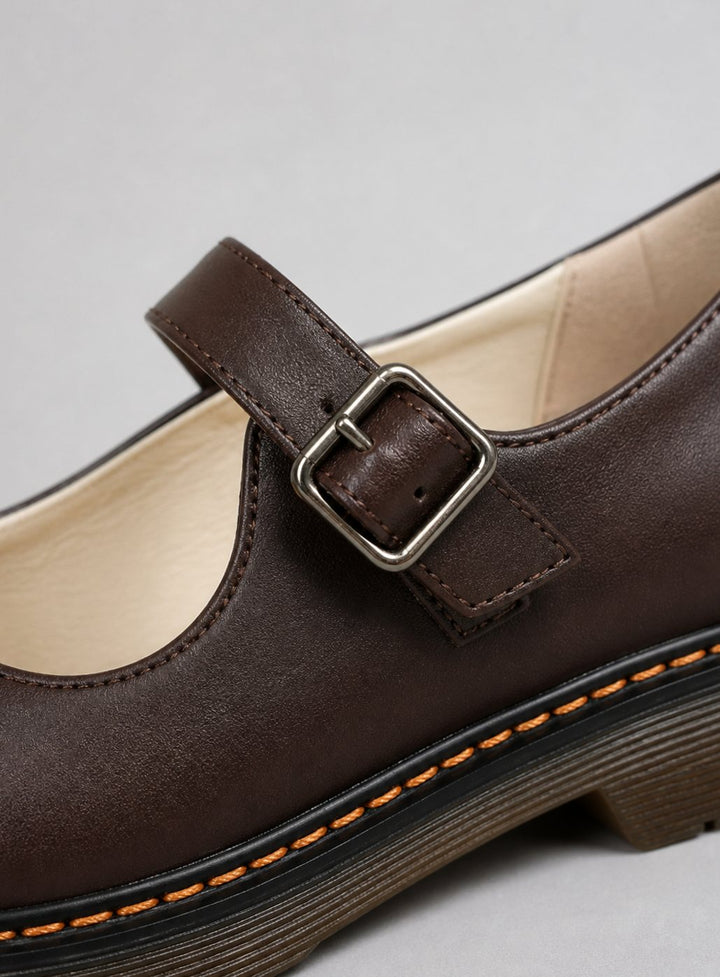 Women's Faux Leather Buckle-Strap Mary Jane Flat Boots