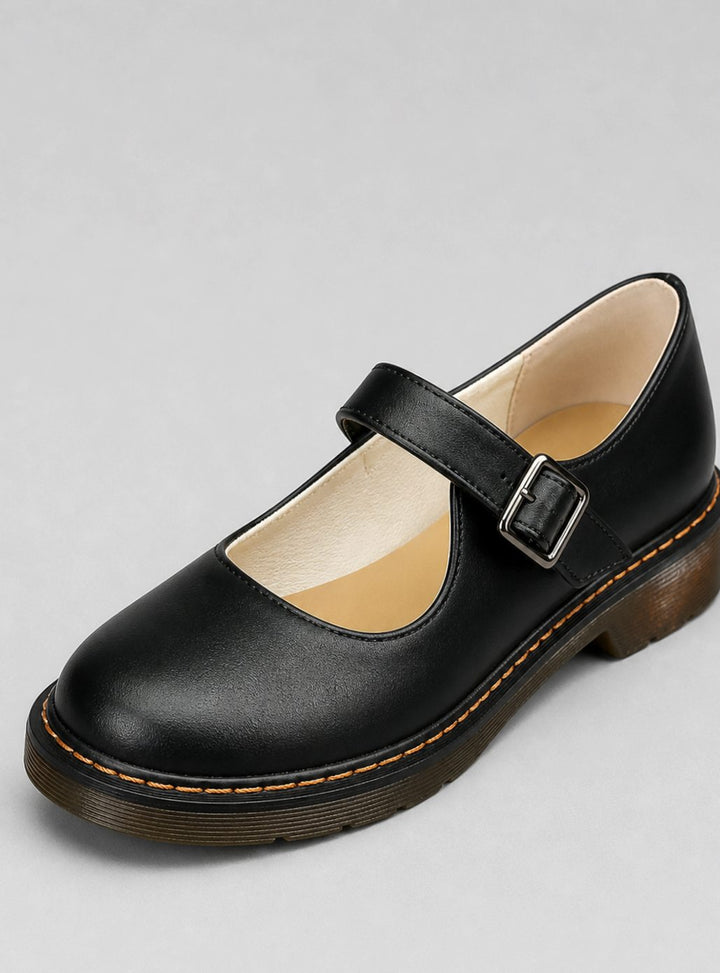 Women's Faux Leather Buckle-Strap Mary Jane Flat Boots - Black