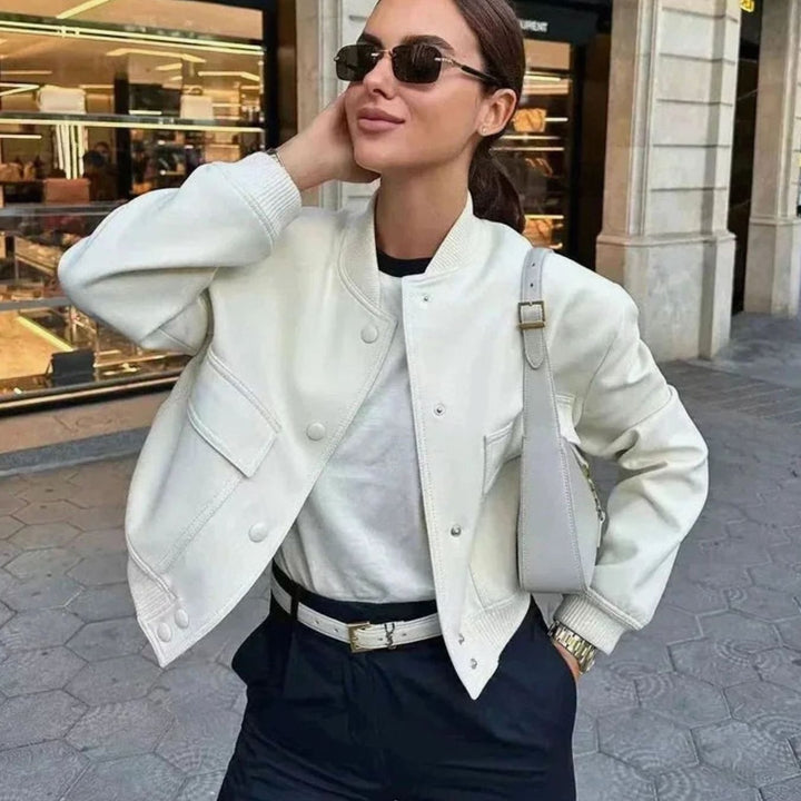 Women's Faux Leather Light Bomber Jacket Snap-Button Front Pockets