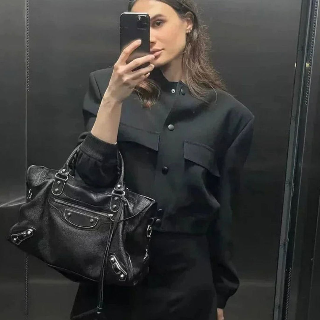 Women's Faux Leather Light Bomber Jacket Snap-Button Front Pockets - Black