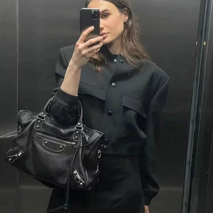 Women's Faux Leather Light Bomber Jacket Snap-Button Front Pockets - Black