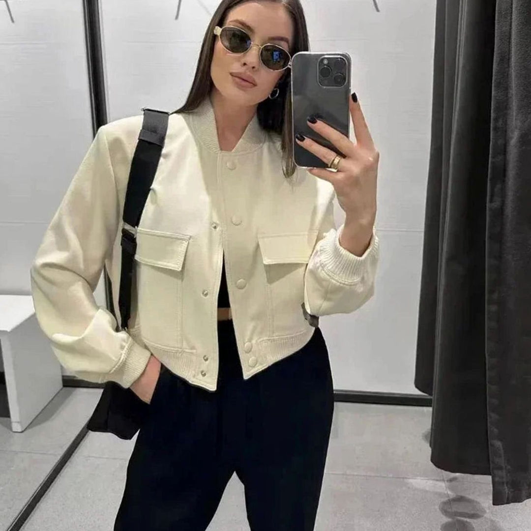 Women's Faux Leather Light Bomber Jacket Snap-Button Front Pockets - Light Brown