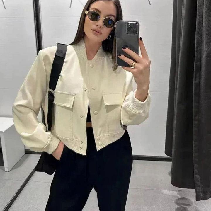 Women's Faux Leather Light Bomber Jacket Snap-Button Front Pockets - Light Brown