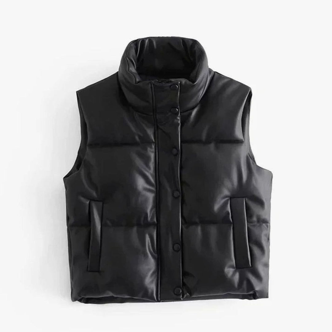 Women's Faux Leather Quilted Puffer Gilet High-Collar Sleeveless Vest - Black