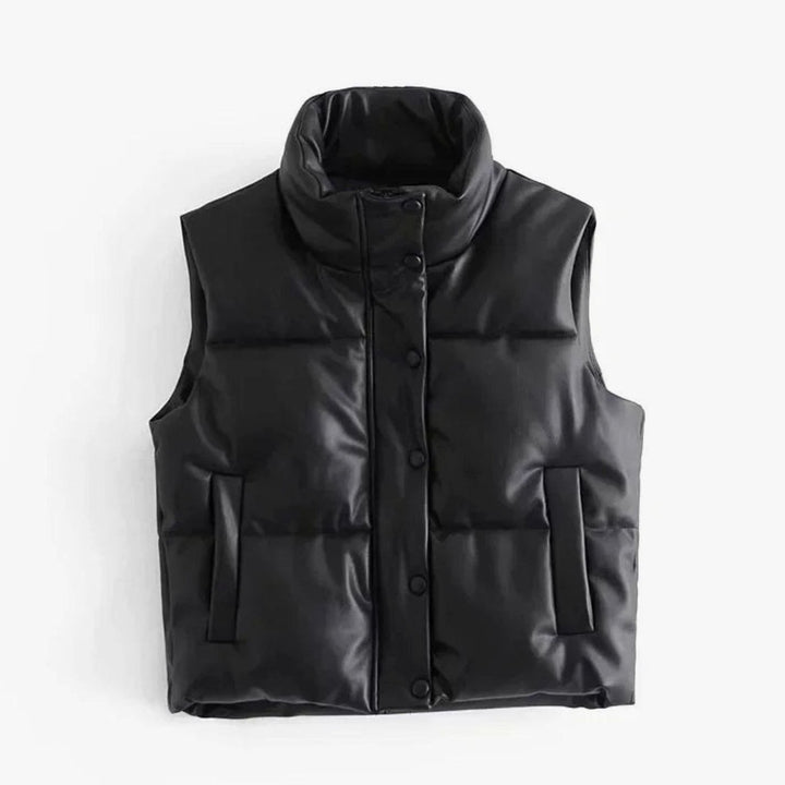 Women's Faux Leather Quilted Puffer Gilet High-Collar Sleeveless Vest - Black