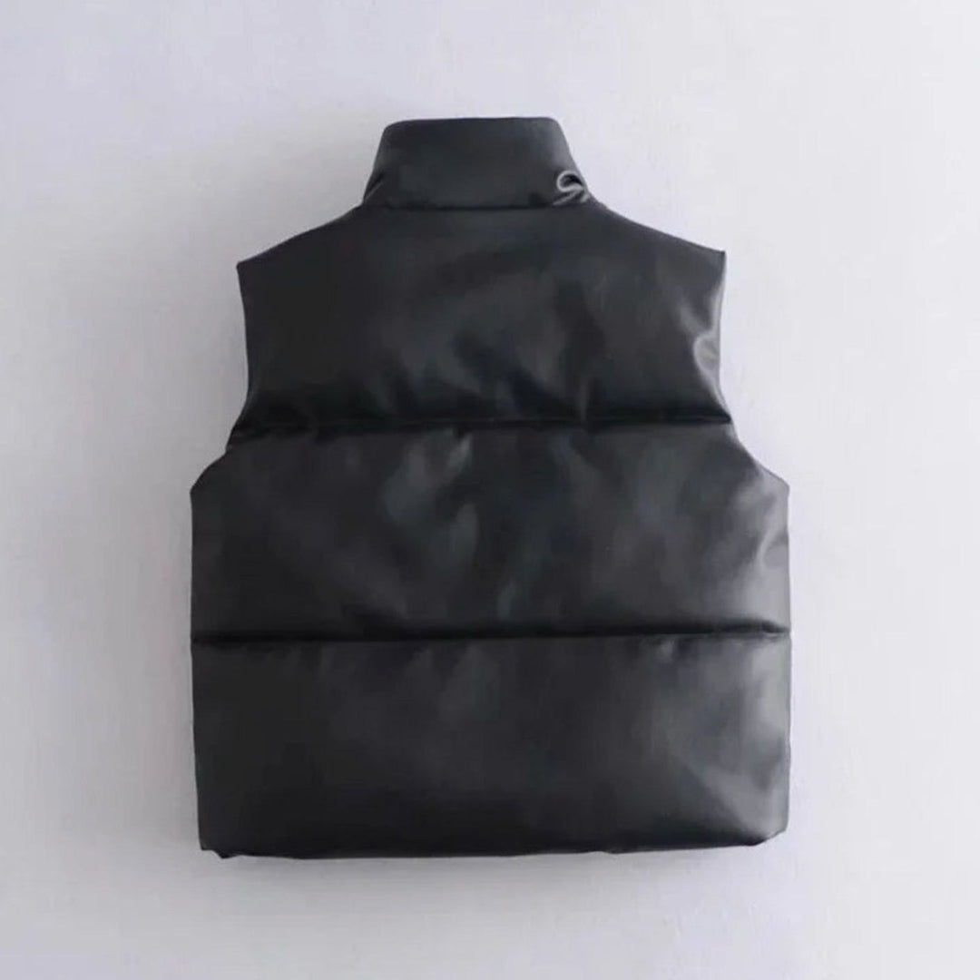Women's Faux Leather Quilted Puffer Gilet High-Collar Sleeveless Vest
