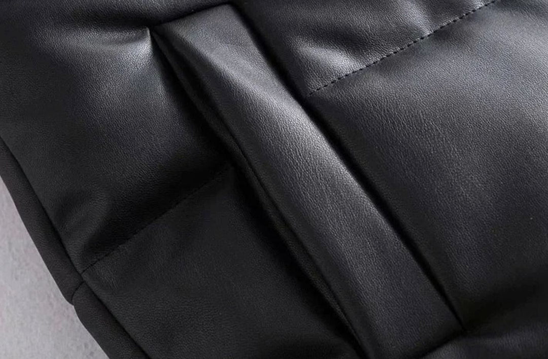 Women's Faux Leather Quilted Puffer Gilet High-Collar Sleeveless Vest