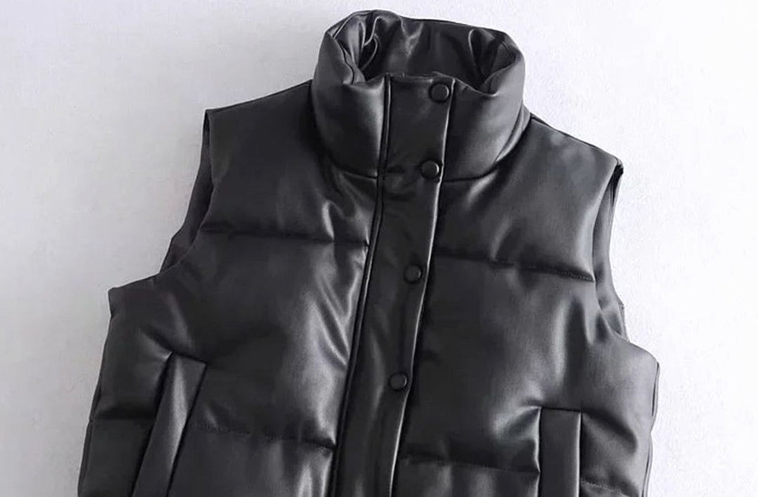 Women's Faux Leather Quilted Puffer Gilet High-Collar Sleeveless Vest