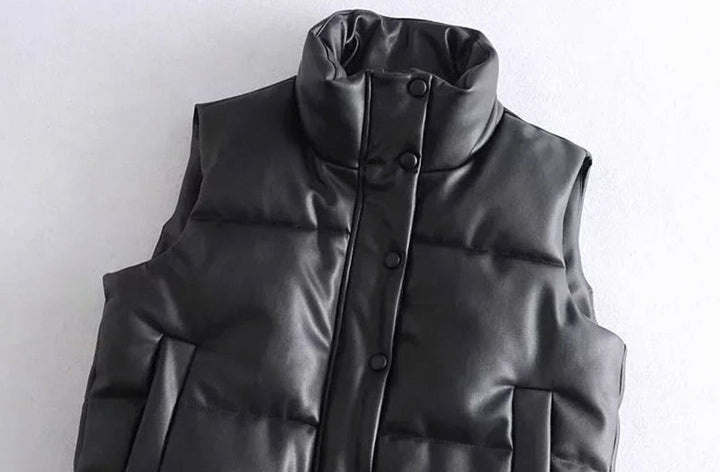 Women's Faux Leather Quilted Puffer Gilet High-Collar Sleeveless Vest