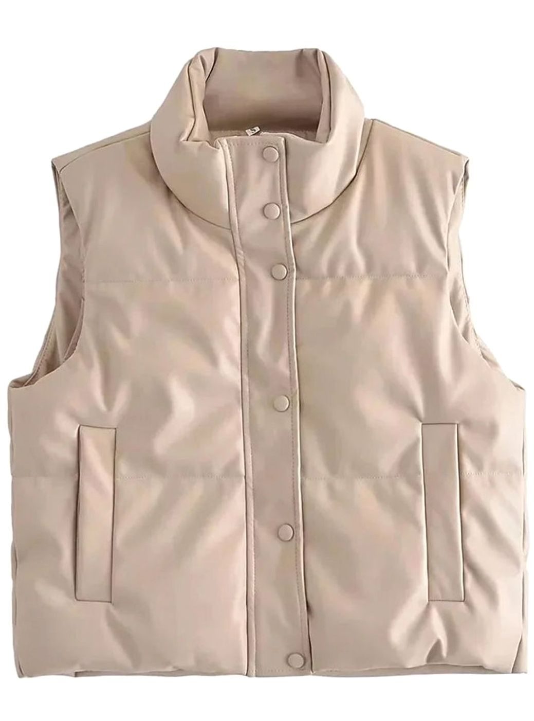 Women's Faux Leather Quilted Puffer Gilet High-Collar Sleeveless Vest - Beige
