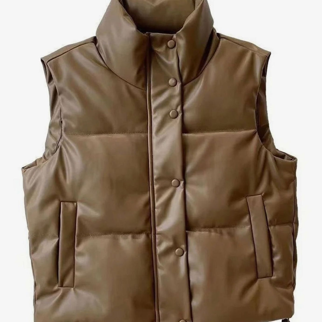 Women's Faux Leather Quilted Puffer Gilet High-Collar Sleeveless Vest - Brown