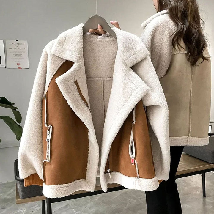 Women's Faux Shearling Suede Moto Coat - Mocha