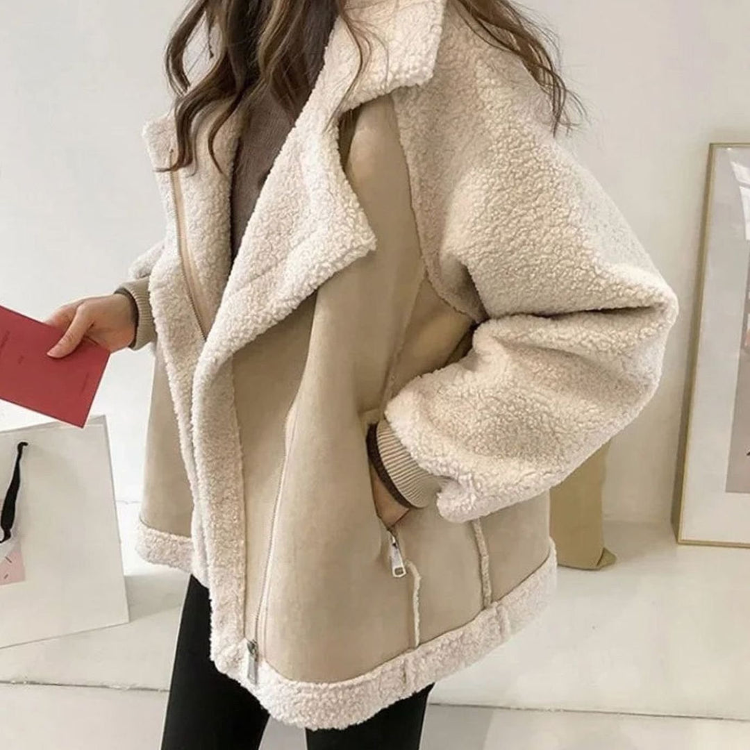 Women's Faux Shearling Suede Moto Coat - Beige