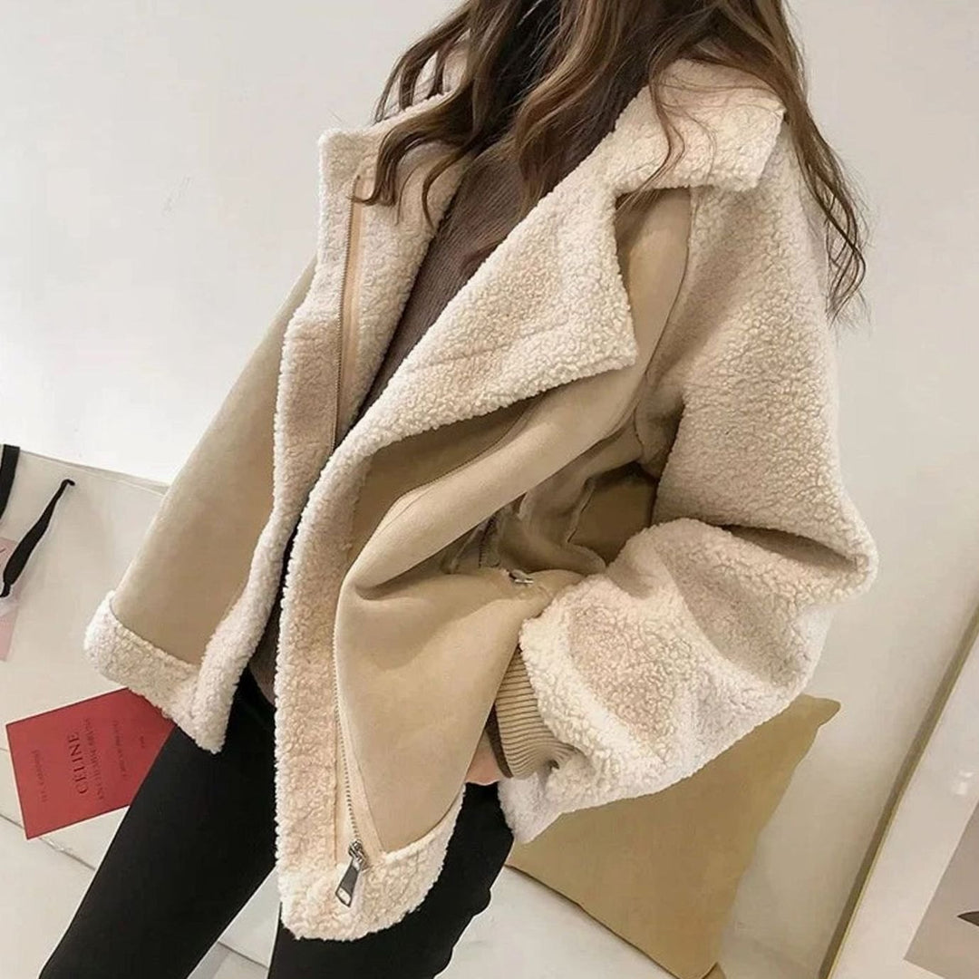 Women's Faux Shearling Suede Moto Coat - Oat