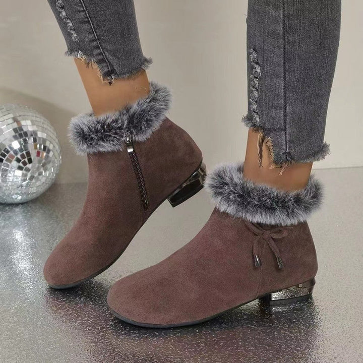 Women's Faux Suede Fur-Trim Flat Ankle Boots - Brown