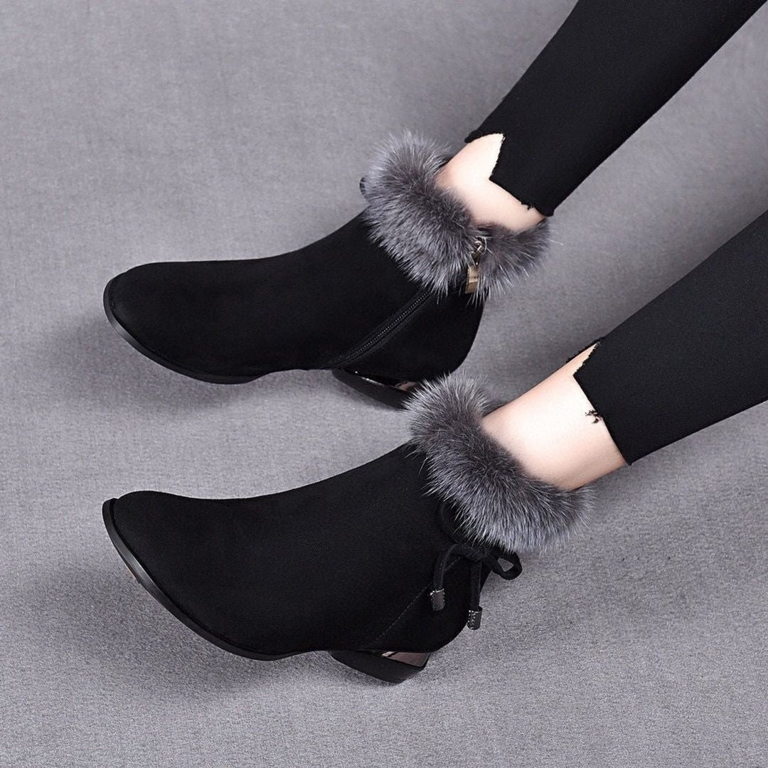Women's Faux Suede Fur-Trim Flat Ankle Boots - Black