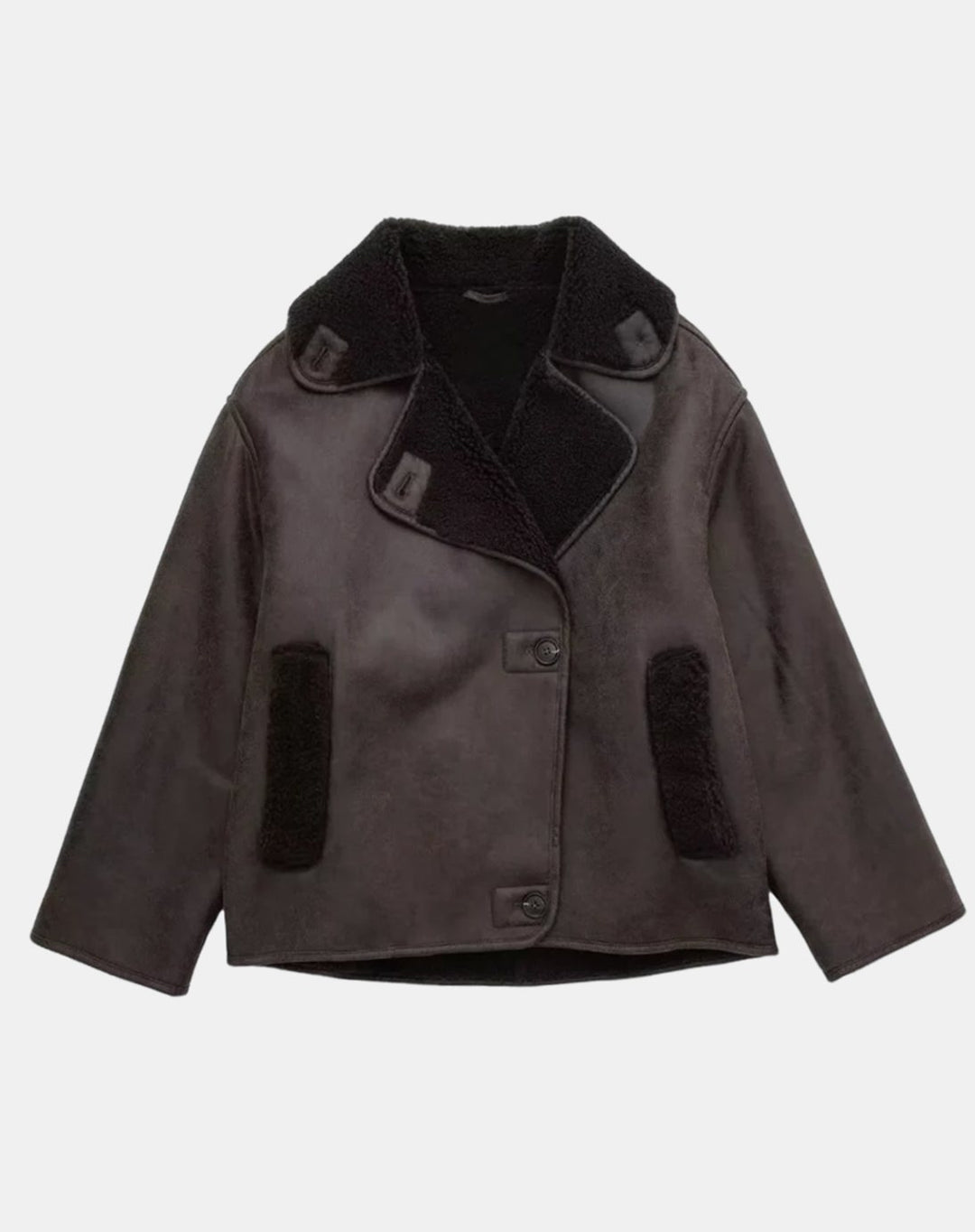 Women's Faux Suede Sherpa-Lined Oversized Moto Jacket - Brown