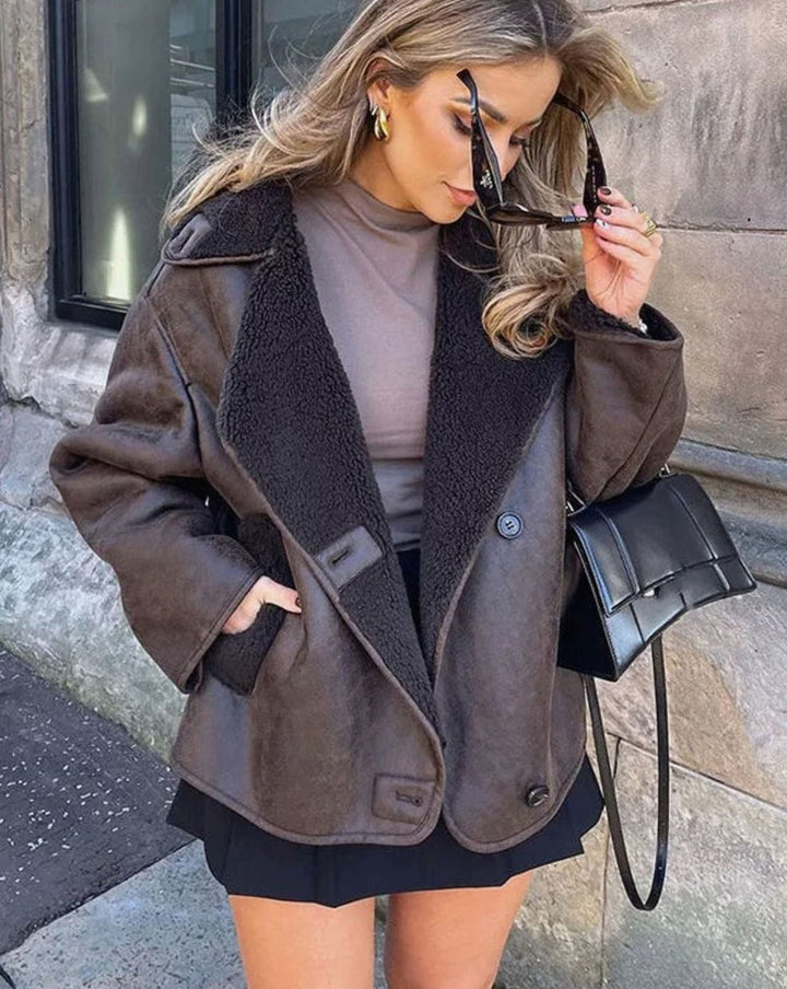 Women's Faux Suede Sherpa-Lined Oversized Moto Jacket
