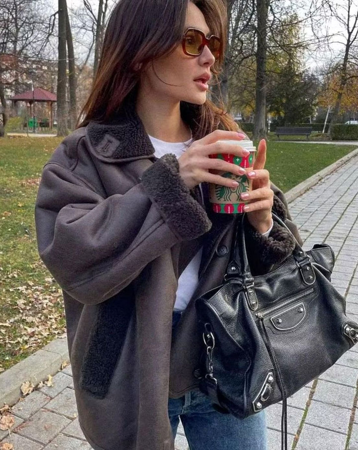 Women's Faux Suede Sherpa-Lined Oversized Moto Jacket