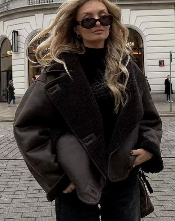 Women's Faux Suede Sherpa-Lined Oversized Moto Jacket