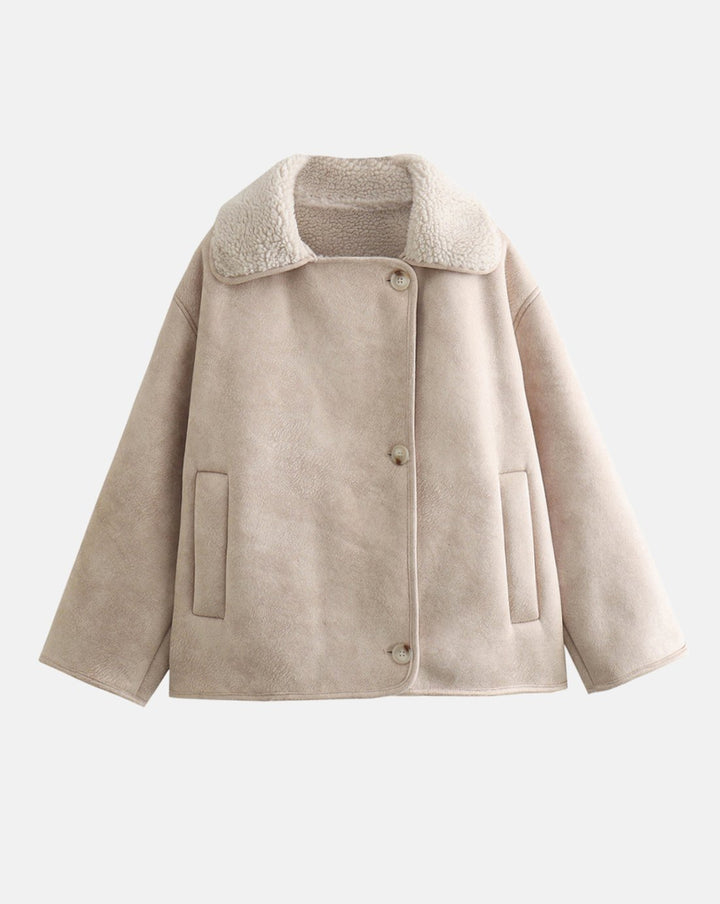 Women's Faux Suede Sherpa-Lined Oversized Moto Jacket - Beige