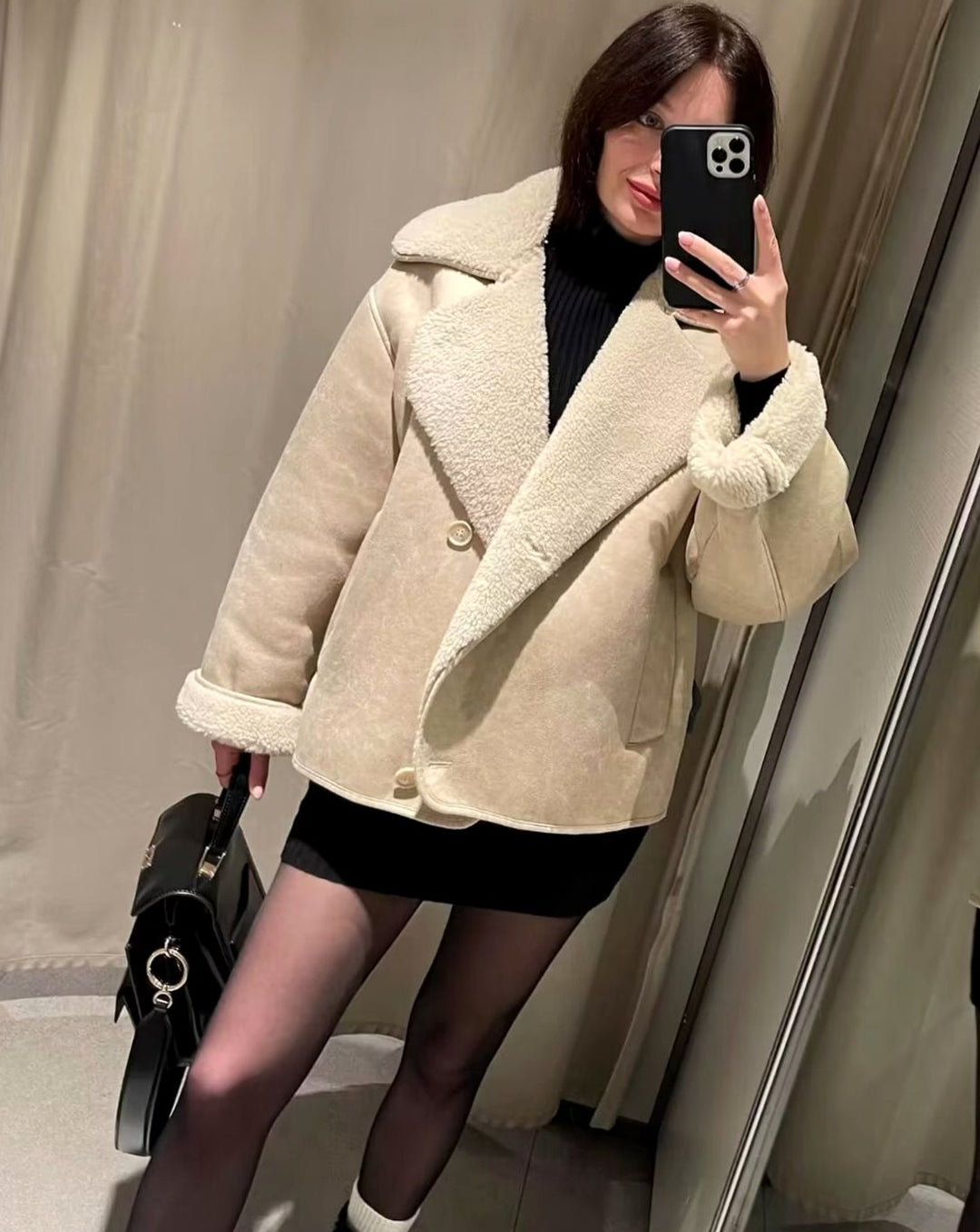 Women's Faux Suede Sherpa-Lined Oversized Moto Jacket