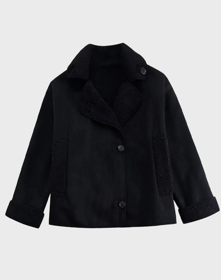 Women's Faux Suede Sherpa-Lined Oversized Moto Jacket - Black