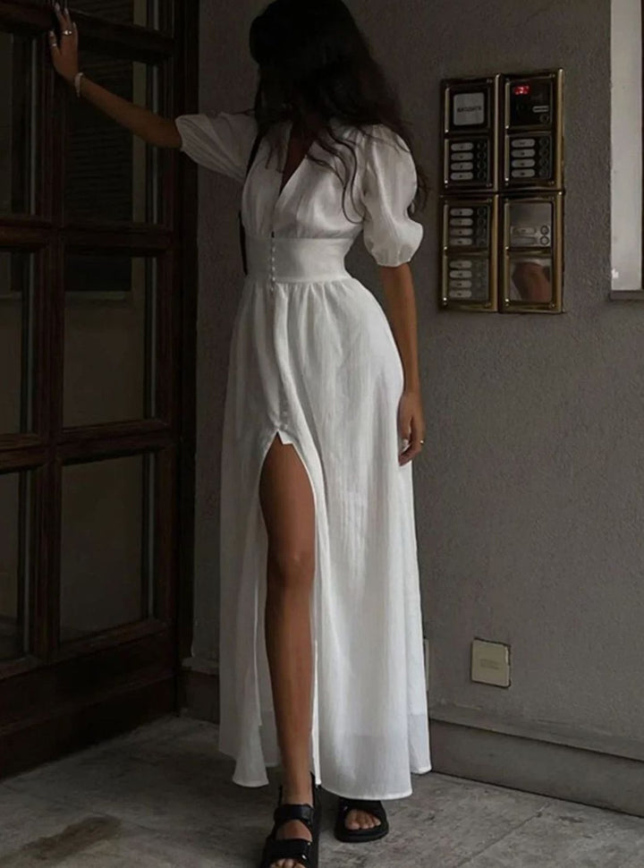 Women's Fitted Puff-Sleeve Button-Front Maxi Dress