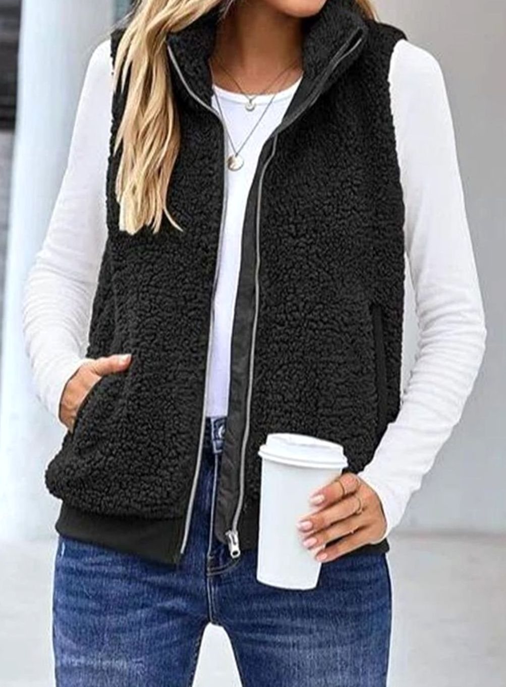 Women's Fleece Full-Zip Gilet Stand Collar Sleeveless Vest
