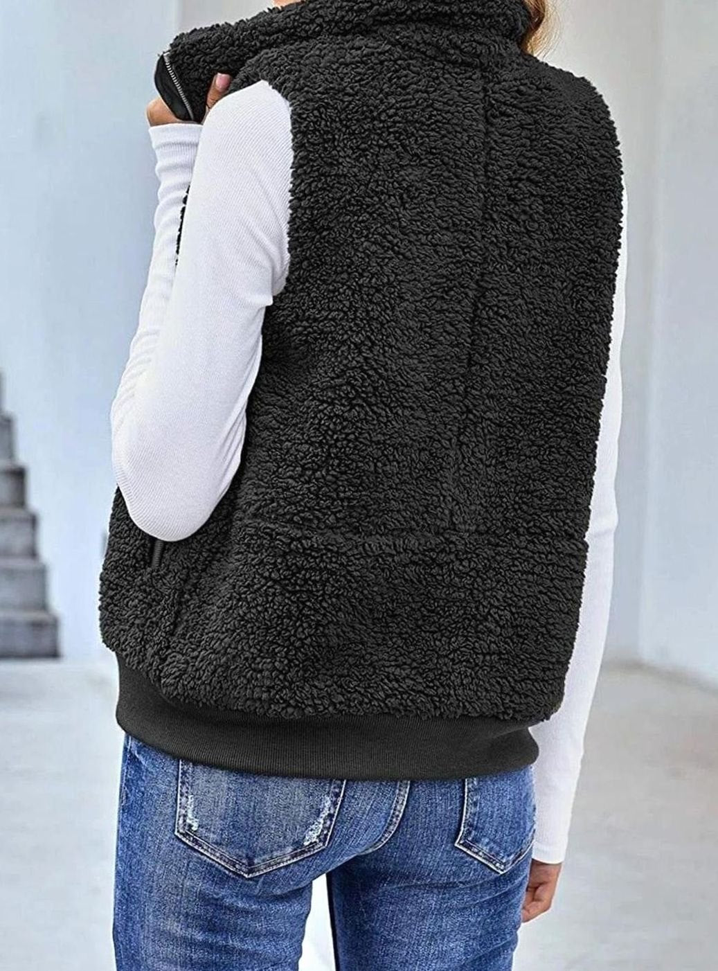 Women's Fleece Full-Zip Gilet Stand Collar Sleeveless Vest - Black