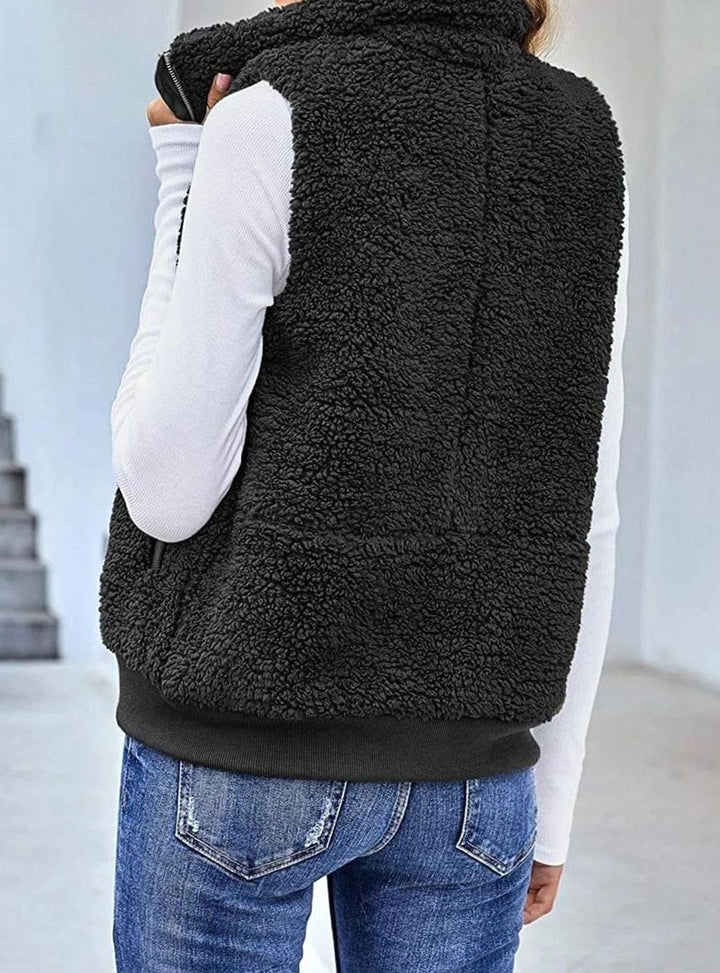 Women's Fleece Full-Zip Gilet Stand Collar Sleeveless Vest - Black