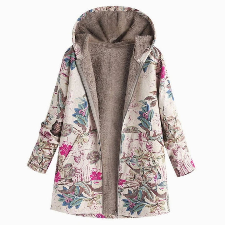Women's Fleece-Lined Hooded Floral Coat Long Winter Jacket - White