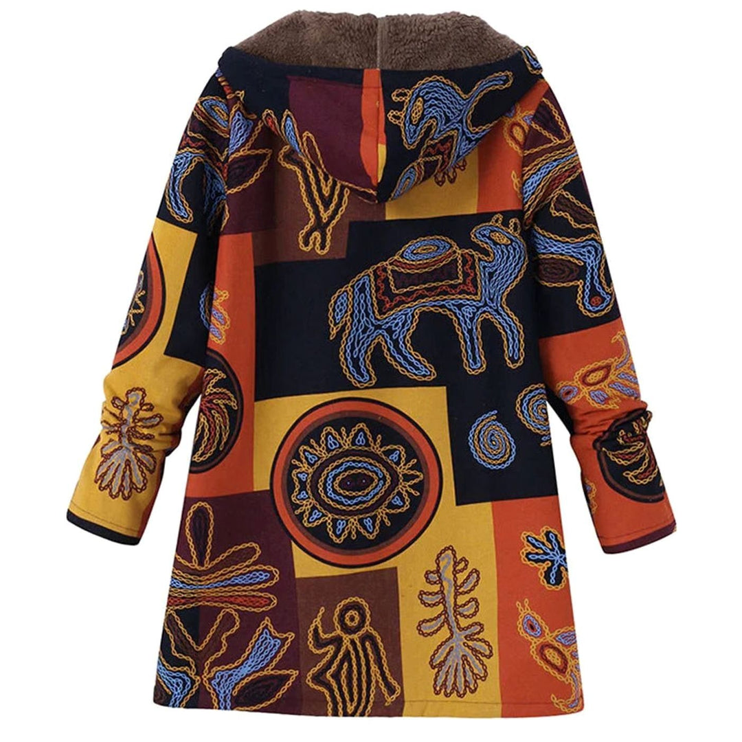 Women's Fleece-Lined Hooded Floral Coat Long Winter Jacket - Orange